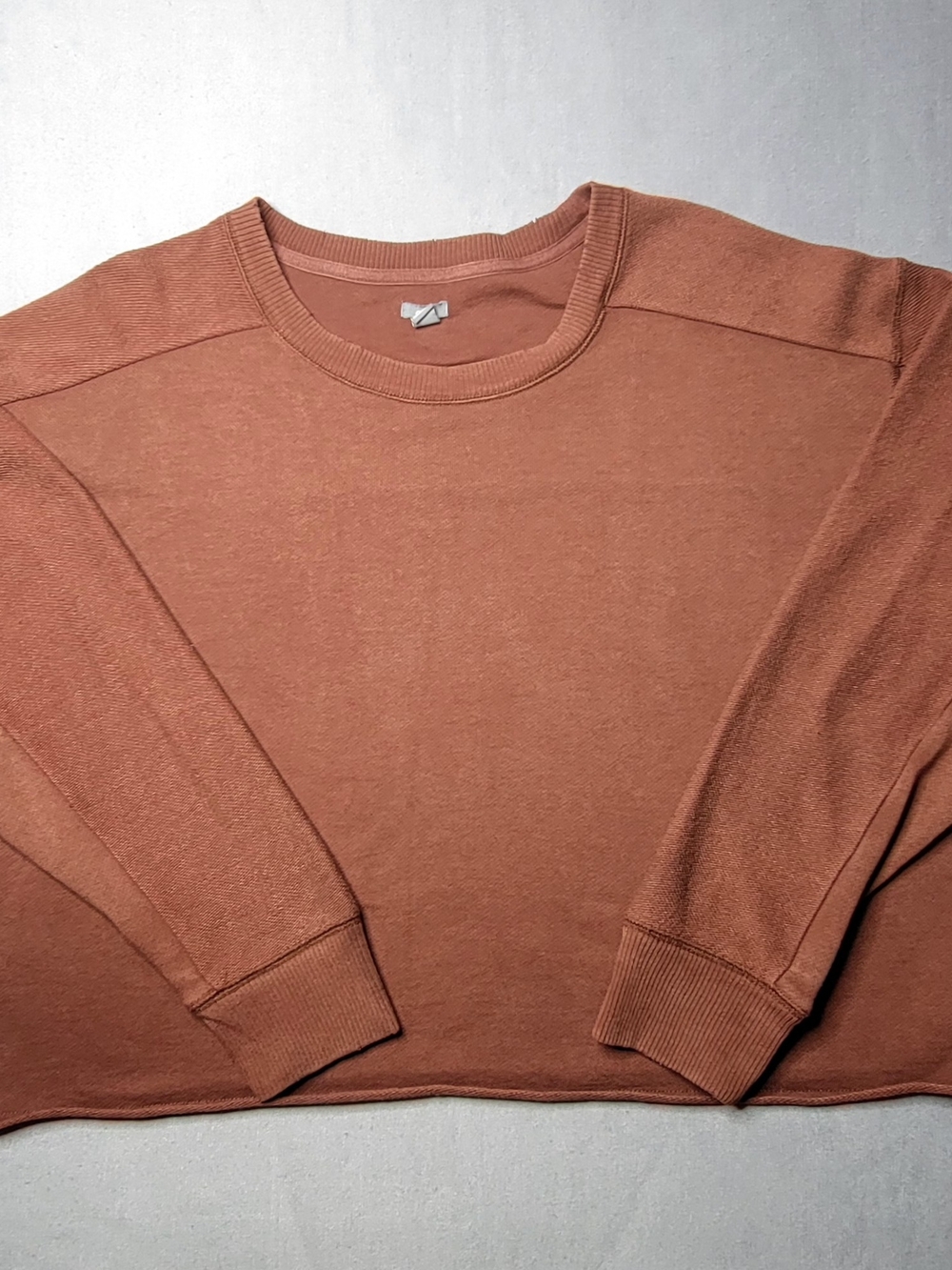 aerie Women's Distressed Raw Hem Cropped Crewneck Sweater Pullover Rust Brown L